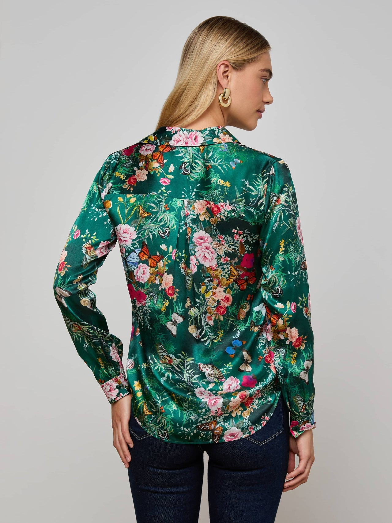 Tyler Silk Blouse in Bottle Green Multi Charonda Butterfly | L'AGENCE sale