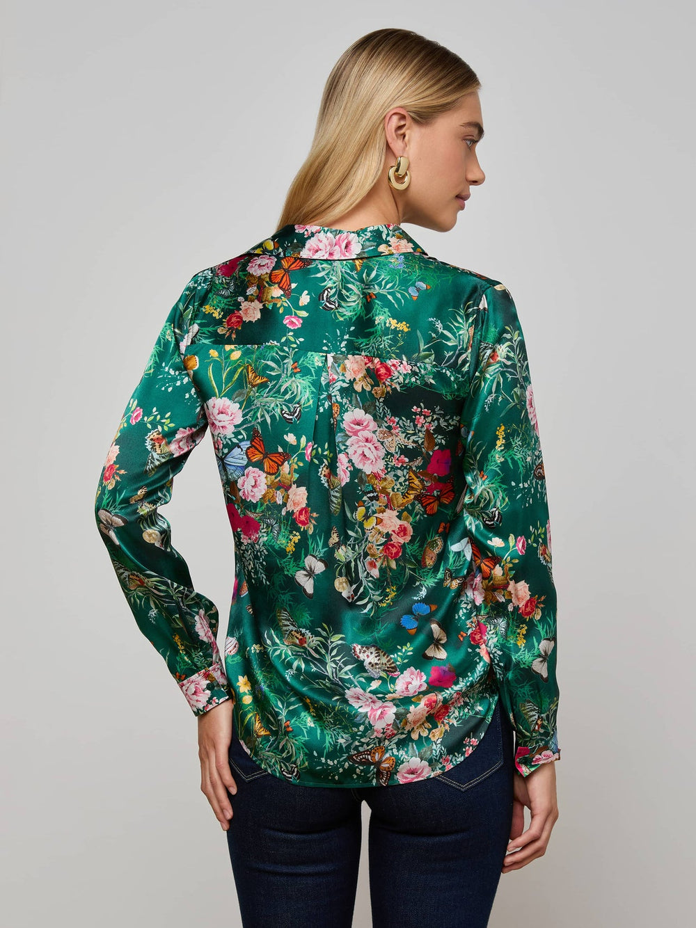 Tyler Silk Blouse in Bottle Green Multi Charonda Butterfly | L'AGENCE sale