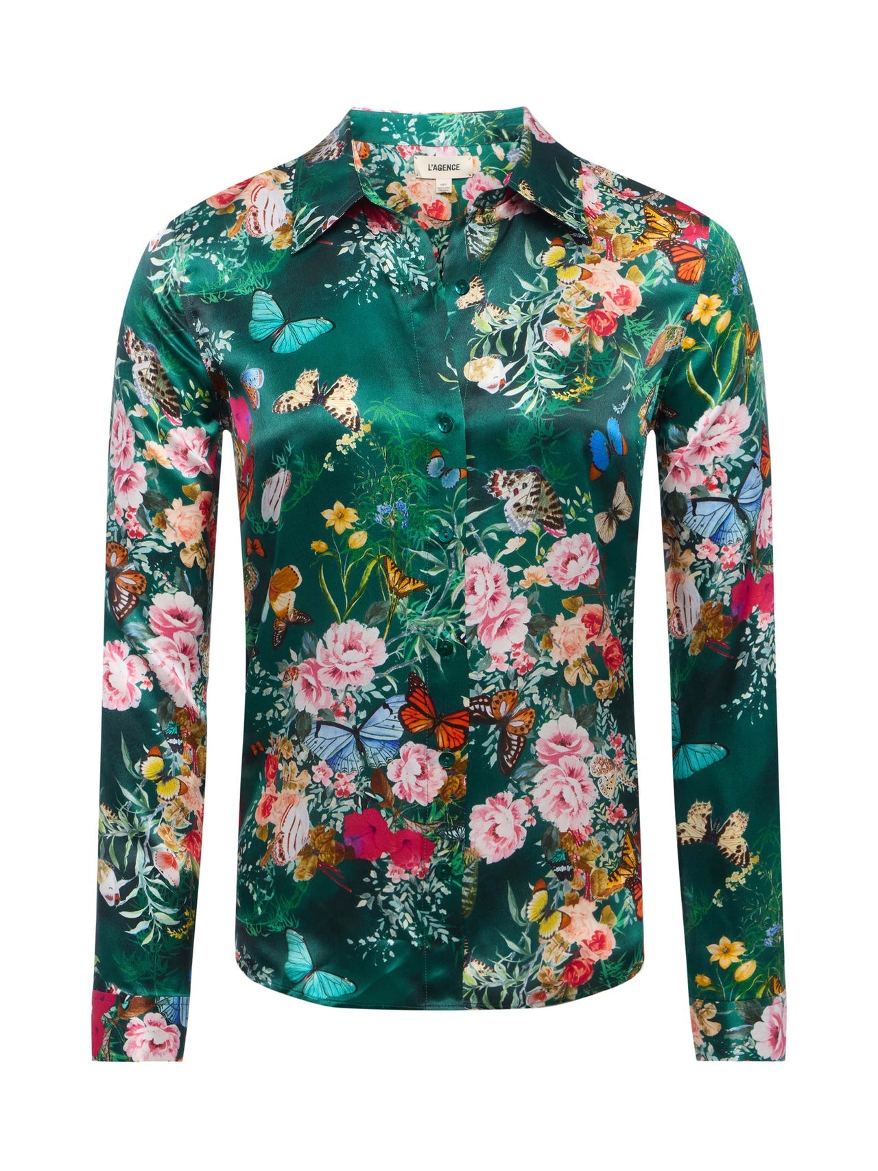 Tyler Silk Blouse in Bottle Green Multi Charonda Butterfly | L'AGENCE sale