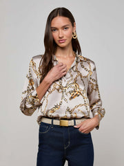 Dani Silk Blouse in Smoke Grey/Gold Long Horn Chain | L'AGENCE online