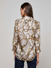Dani Silk Blouse in Smoke Grey/Gold Long Horn Chain | L'AGENCE online