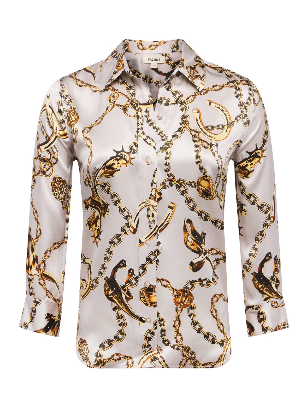 Dani Silk Blouse in Smoke Grey/Gold Long Horn Chain | L'AGENCE online