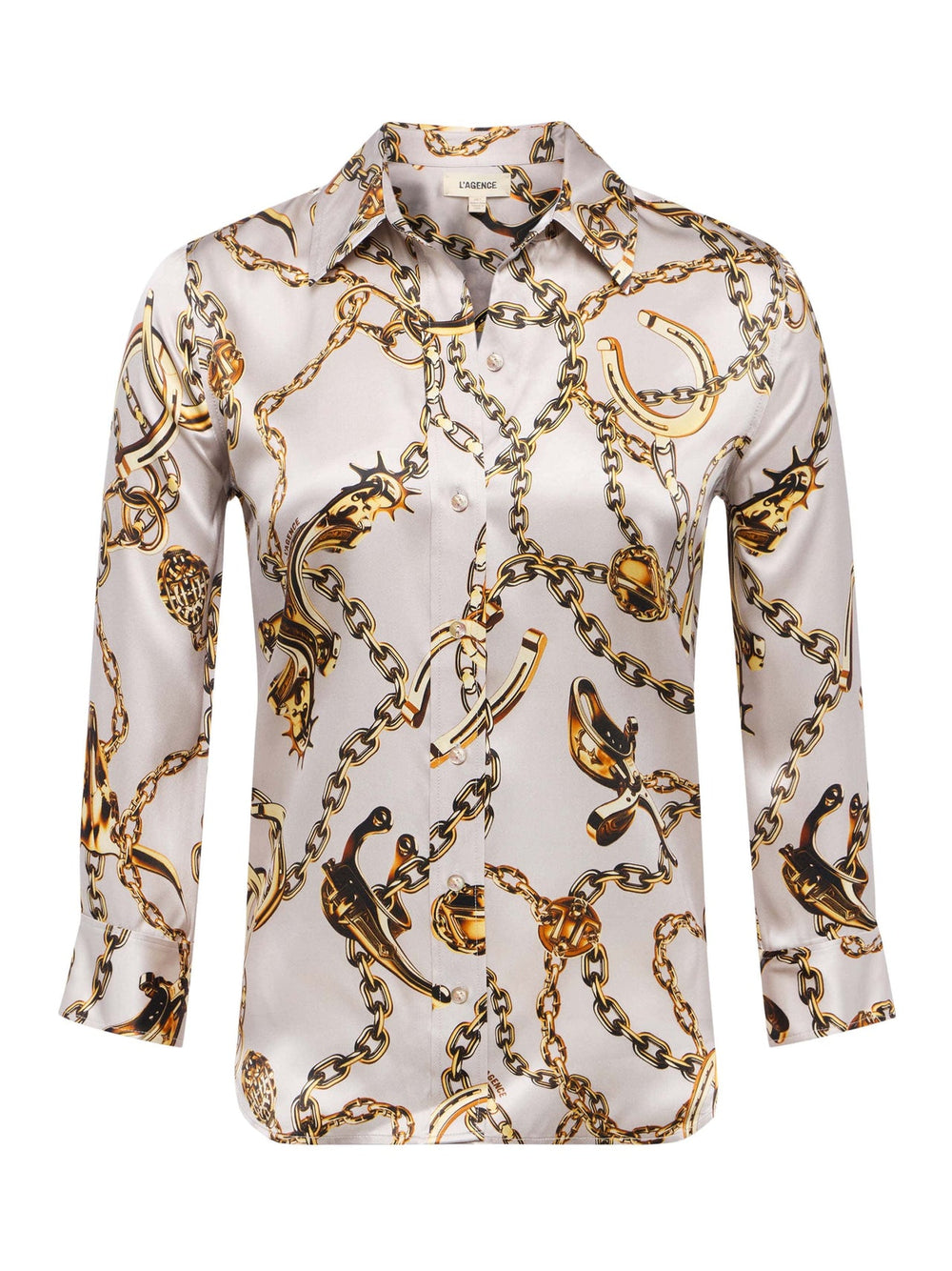 Dani Silk Blouse in Smoke Grey/Gold Long Horn Chain | L'AGENCE online