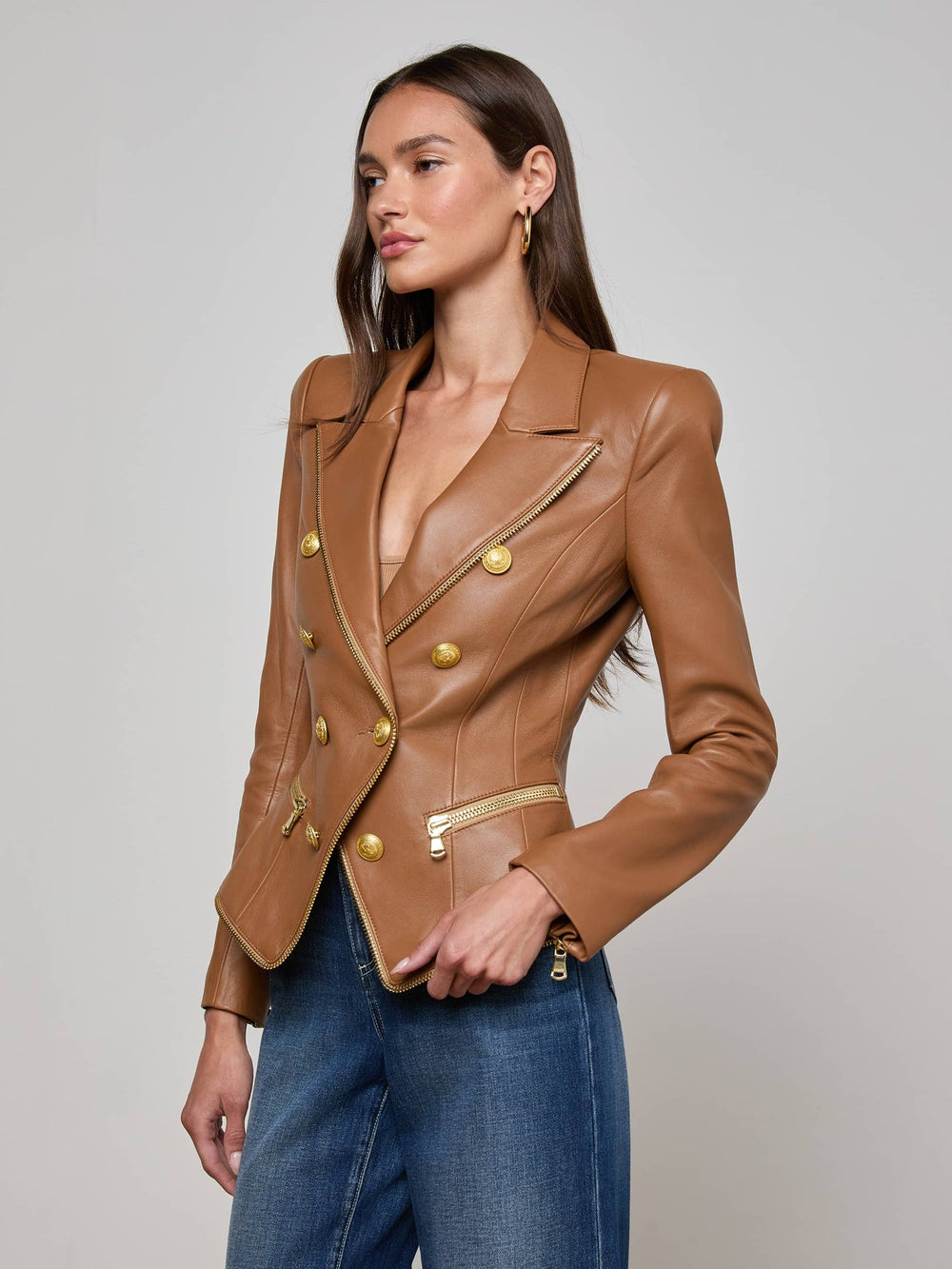 Ottilie Leather Blazer in Soft Cognac | L'AGENCE Women
