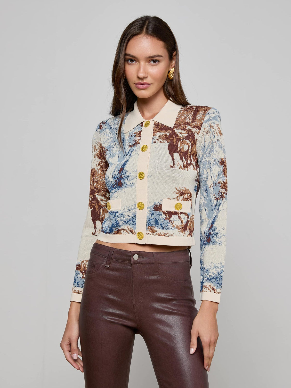 Osiris Jacquard Cardigan in Tan Multi Western Toile | L'AGENCE for sale