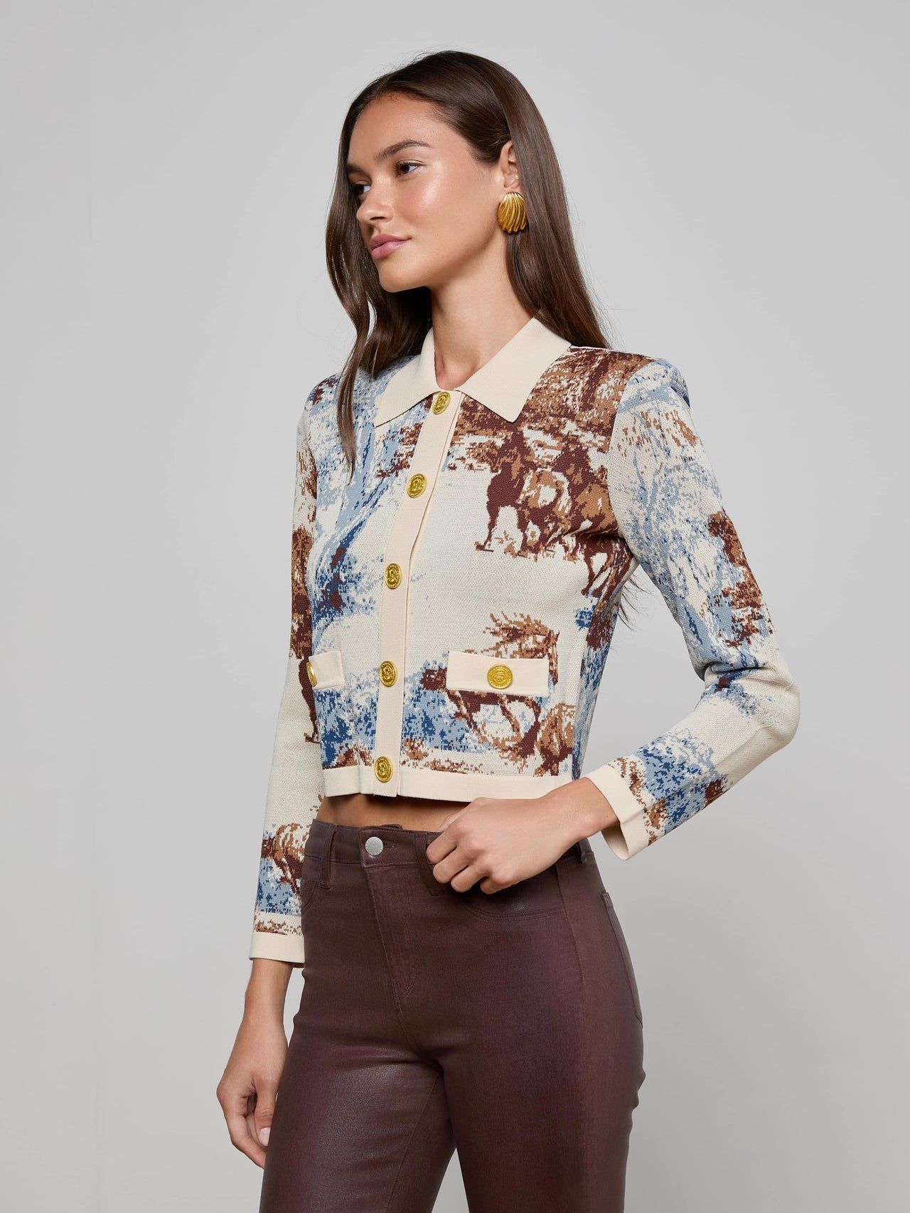 Osiris Jacquard Cardigan in Tan Multi Western Toile | L'AGENCE for sale