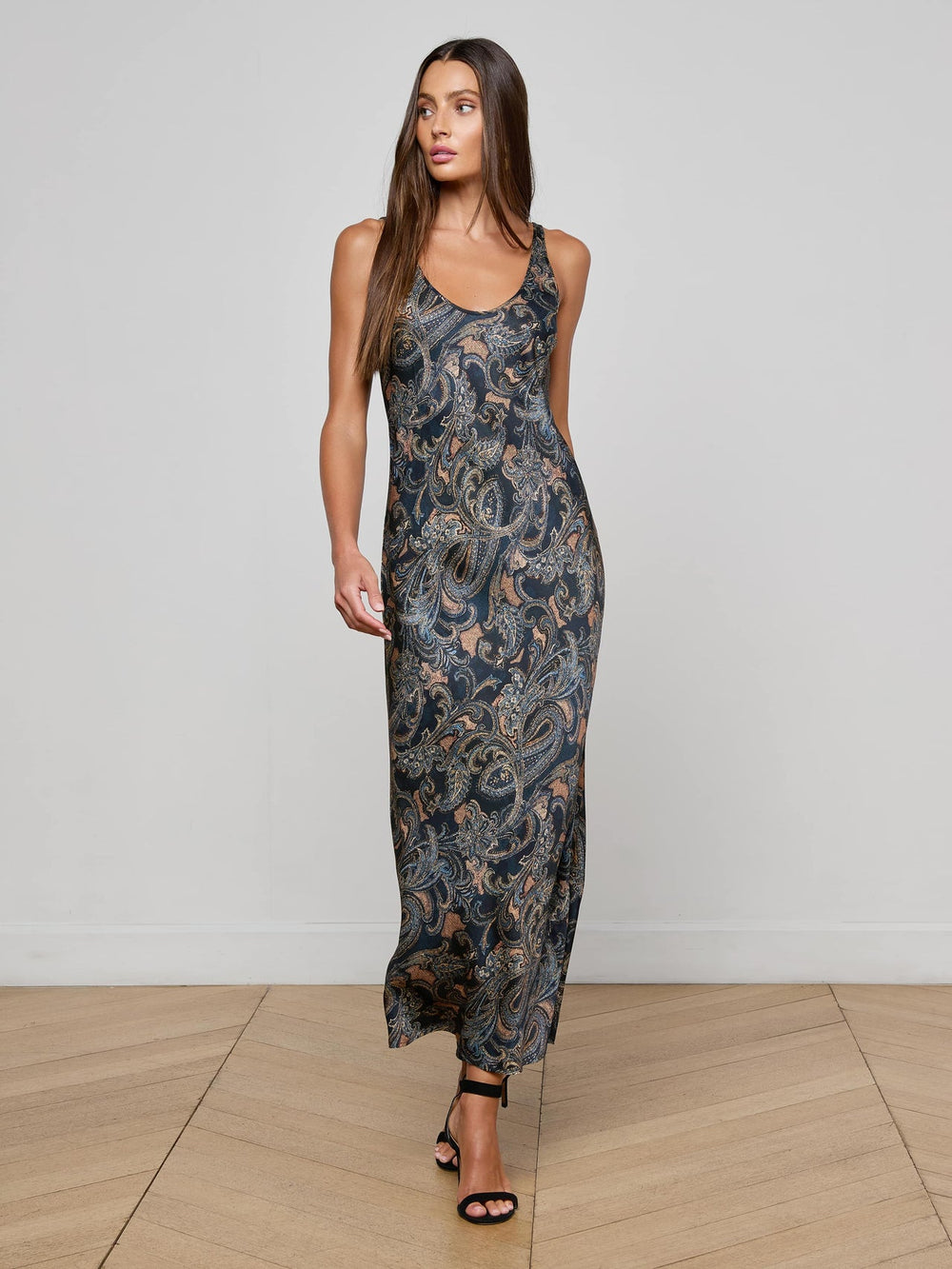 Akiya Satin Maxi Dress in Midnight Multi Etched Paisley | L'AGENCE near me