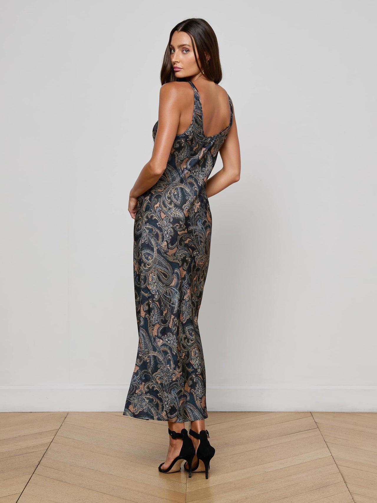Akiya Satin Maxi Dress in Midnight Multi Etched Paisley | L'AGENCE near me