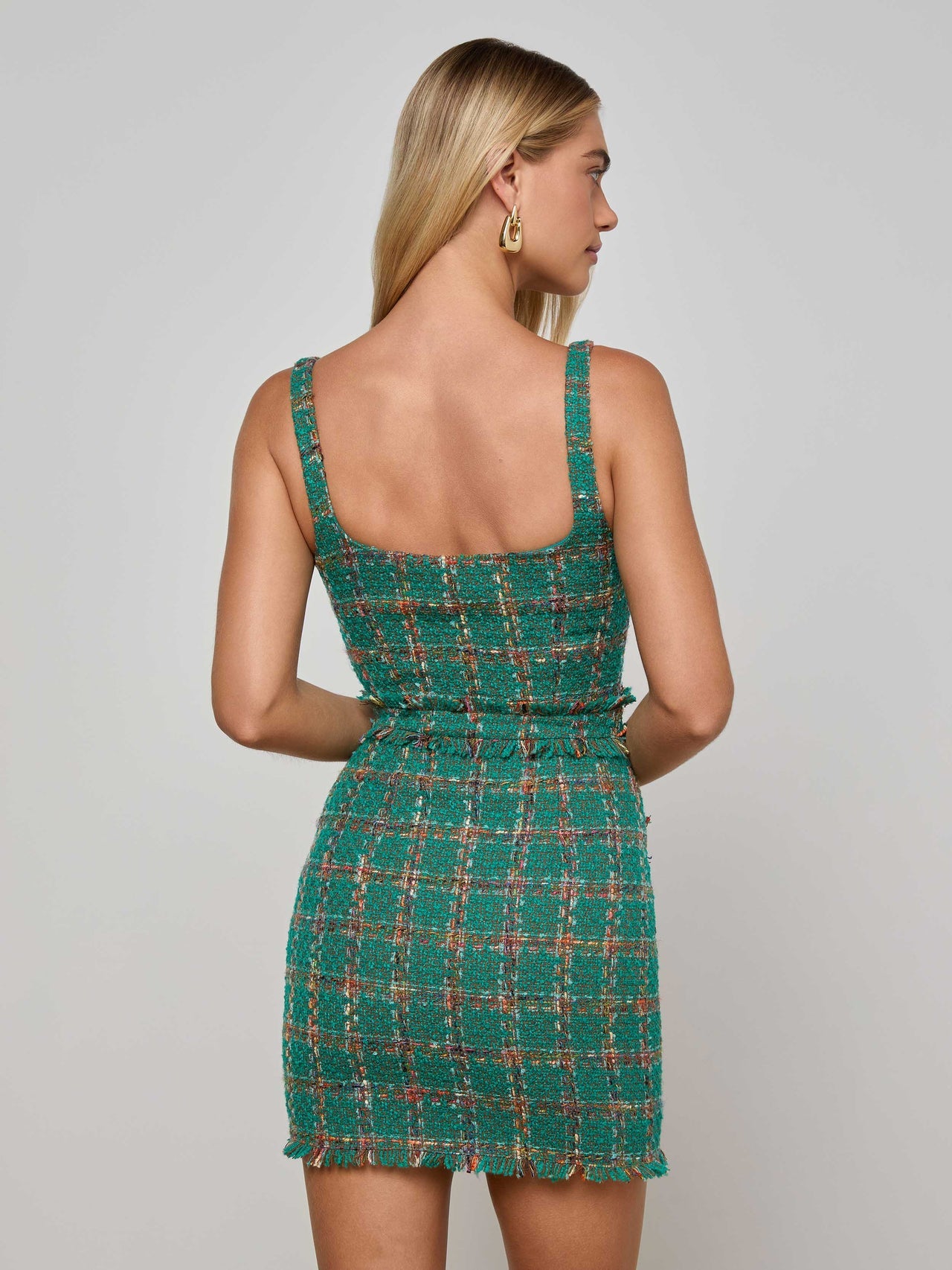 Valli Tweed Mini Dress in Green Windowpane Tweed | L'AGENCE for sale
