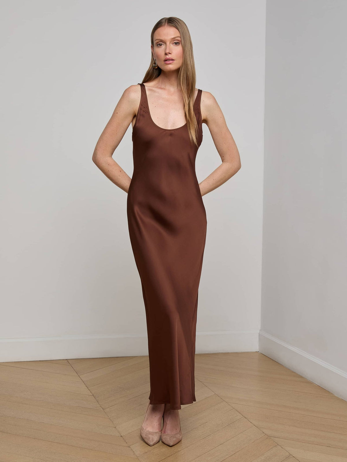 Akiya Satin Maxi Dress in Hot Fudge | L'AGENCE for sale