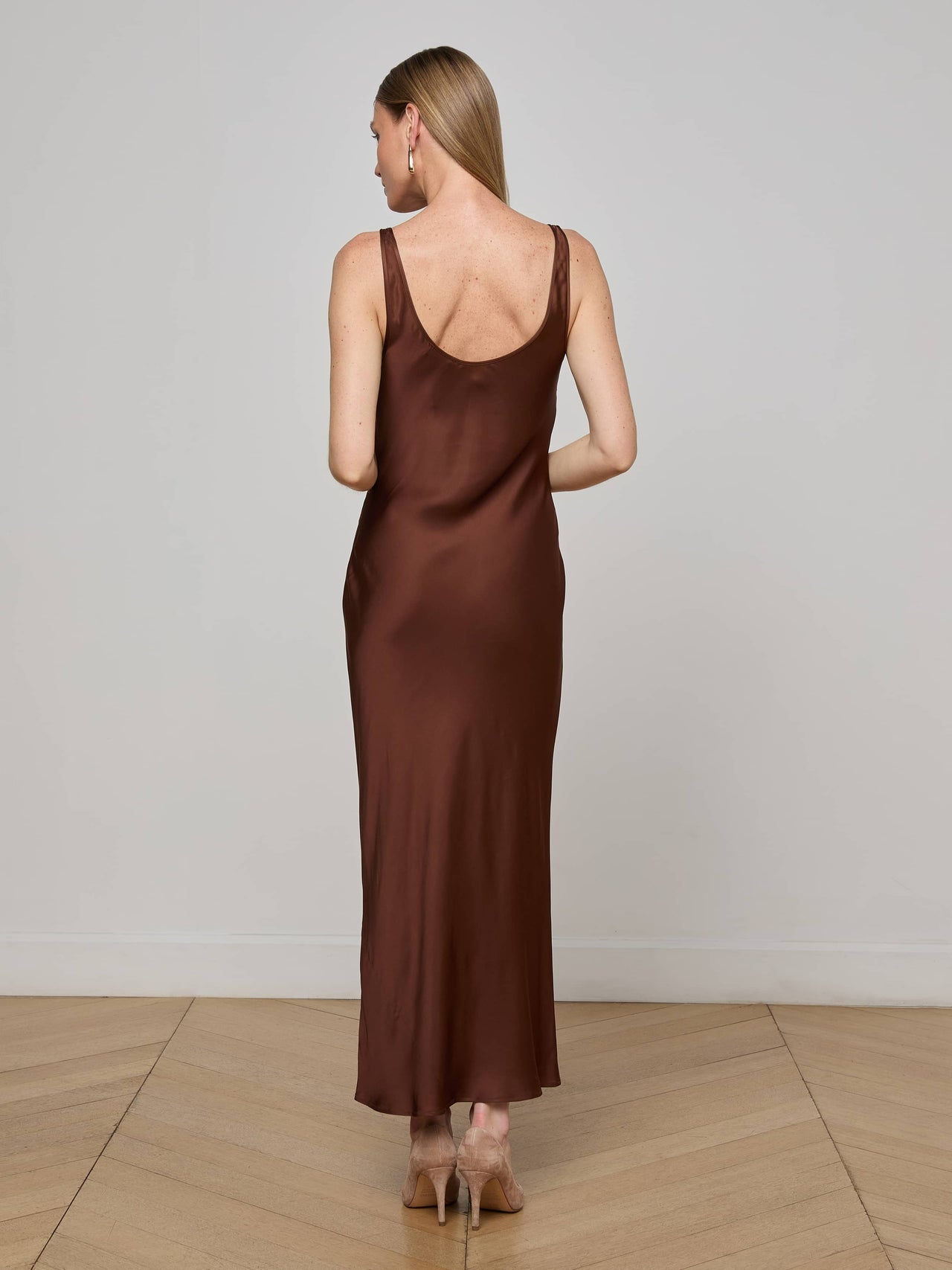 Akiya Satin Maxi Dress in Hot Fudge | L'AGENCE for sale