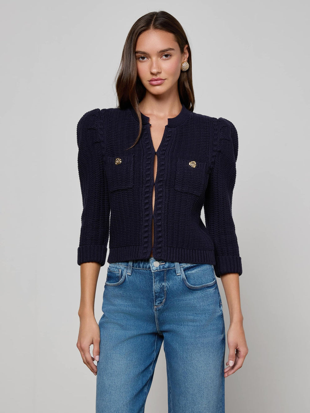 Delli Cropped Cardigan in Midnight | L'AGENCE US