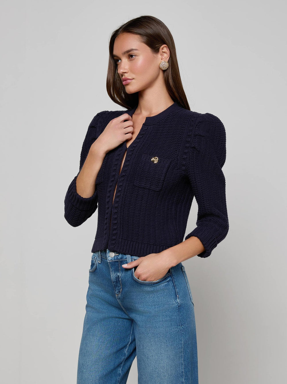 Delli Cropped Cardigan in Midnight | L'AGENCE US