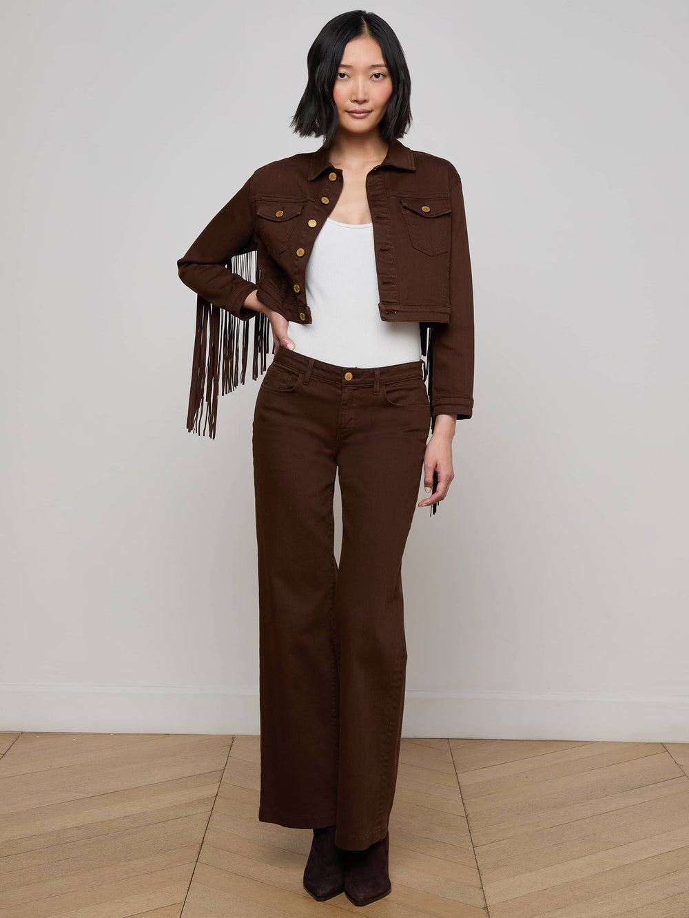 Koda Fringe Jean Jacket in Brown | L'AGENCE discount
