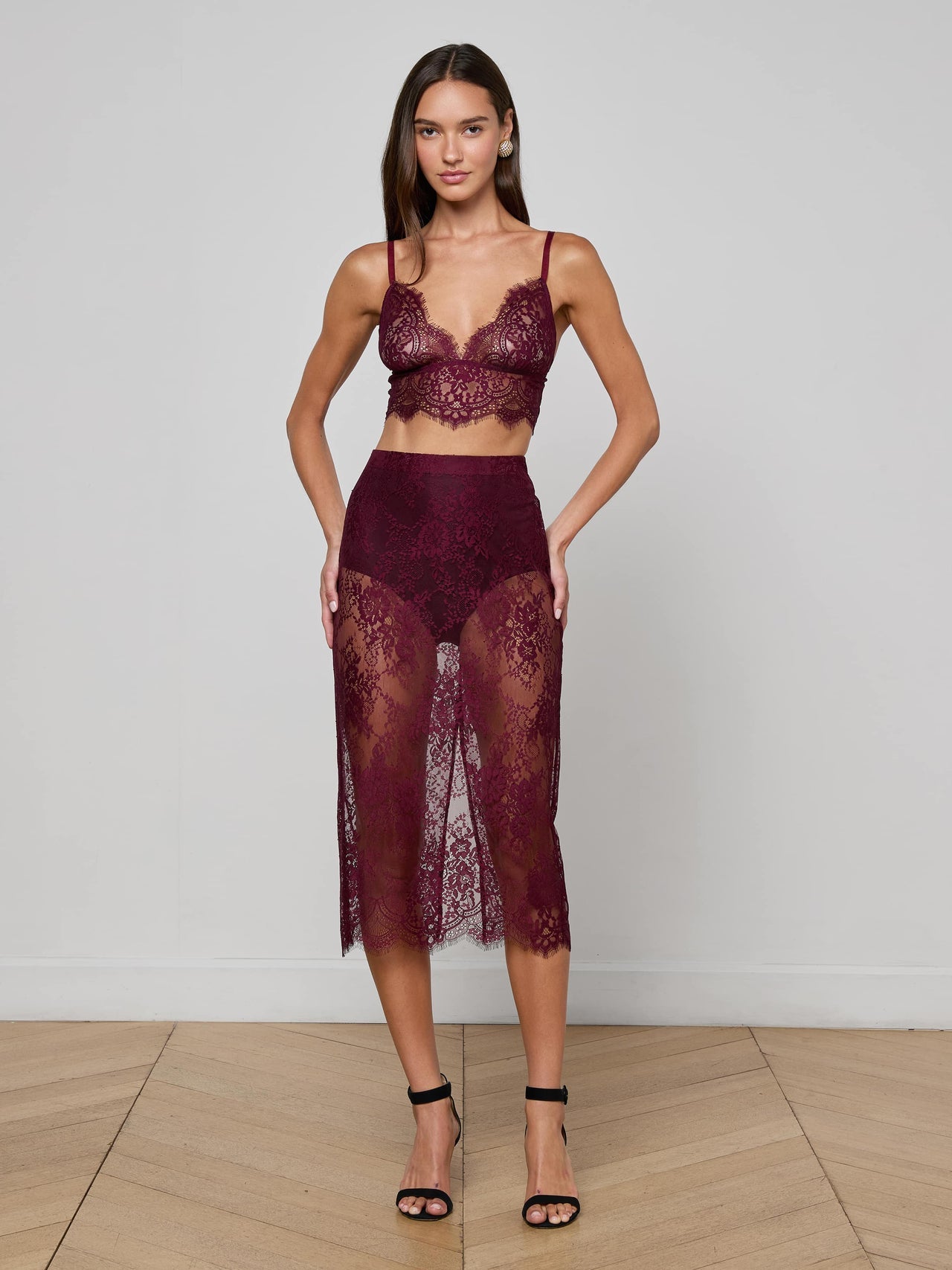 Makena Lace Pencil Skirt in Dark Port | L'AGENCE for sale