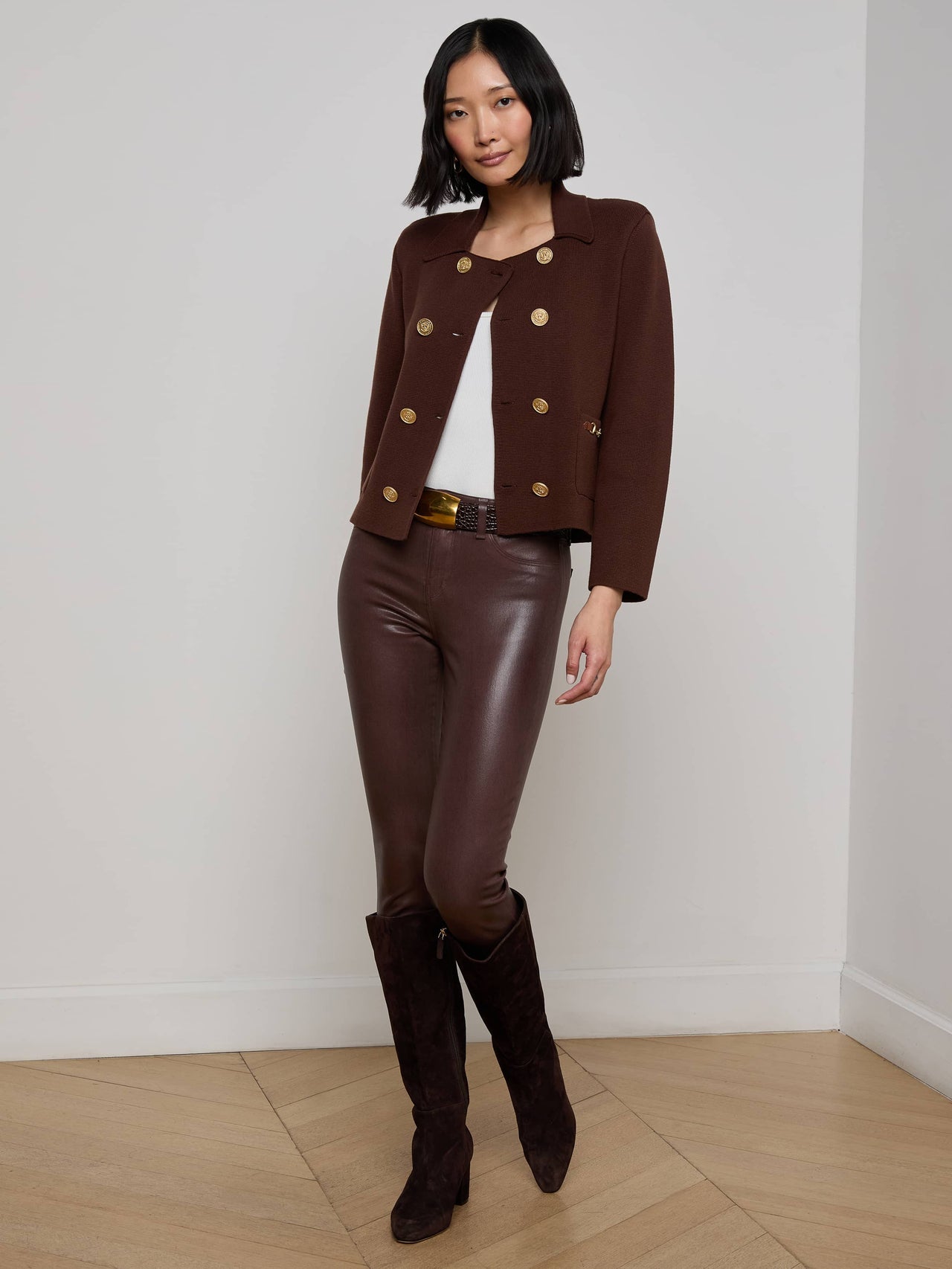 Madilyn Knit Jacket in Chocolate/Gold | L'AGENCE discount
