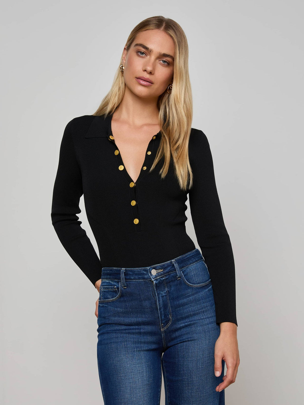 Elisabetta Knit Bodysuit in Black/Gold | L'AGENCE sale