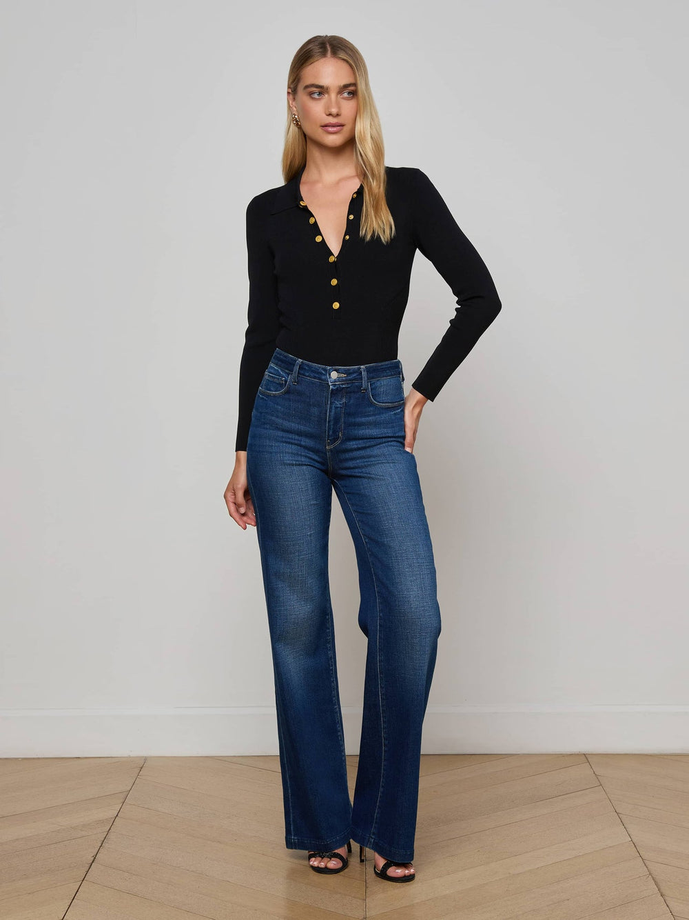 Elisabetta Knit Bodysuit in Black/Gold | L'AGENCE sale