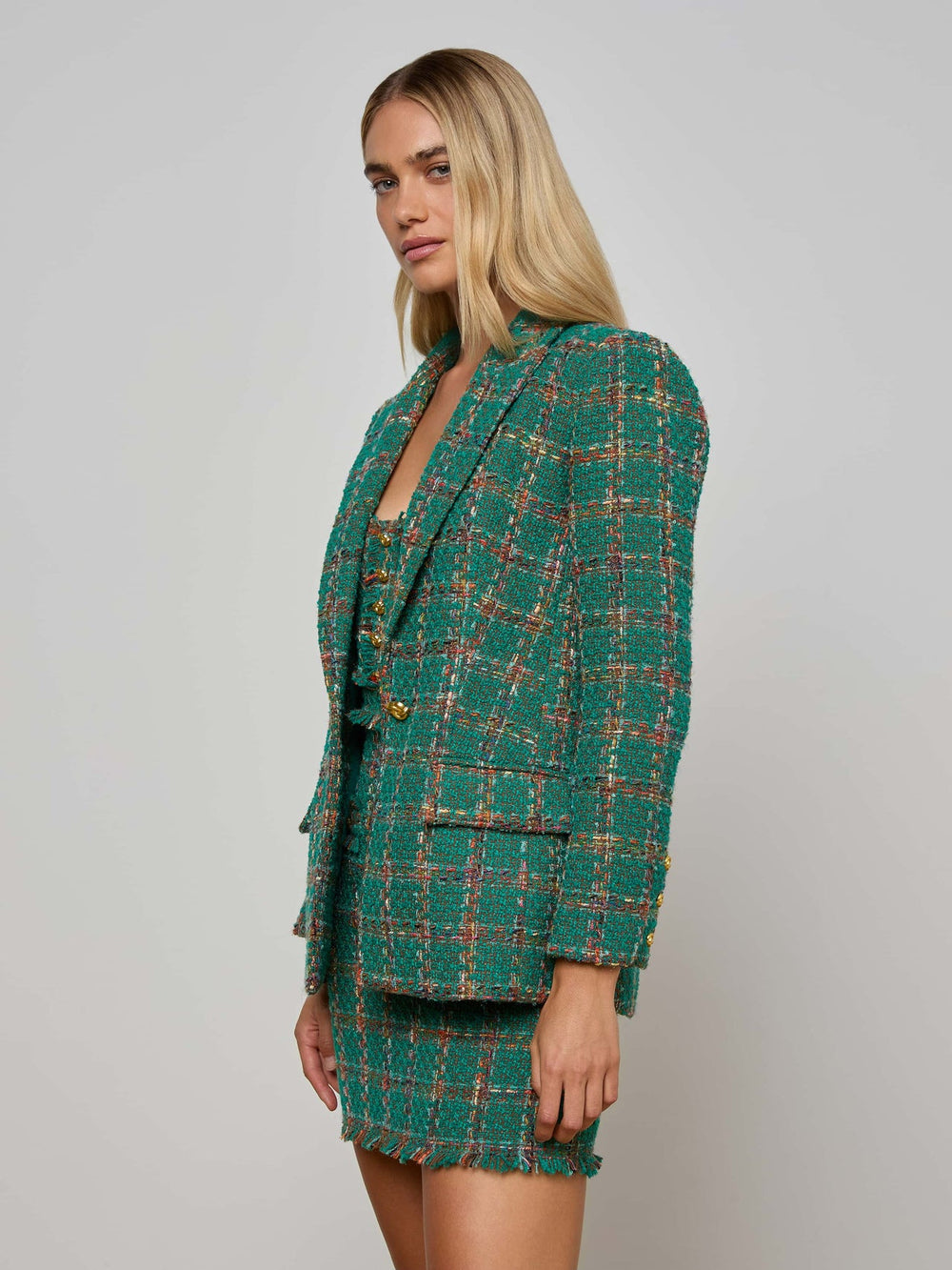 Gweny Tweed Blazer in Green Windowpane Tweed | L'AGENCE online