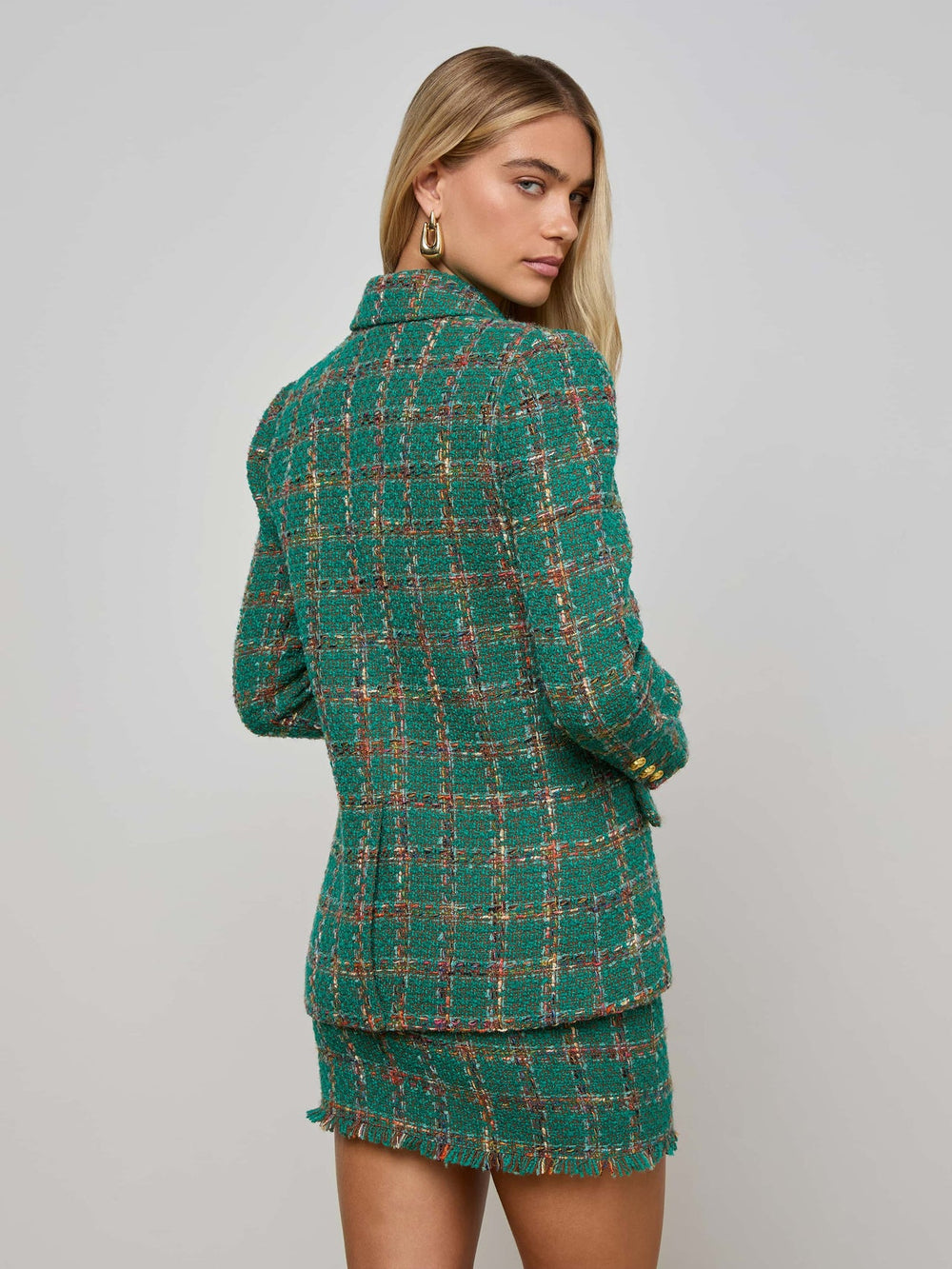 Gweny Tweed Blazer in Green Windowpane Tweed | L'AGENCE online