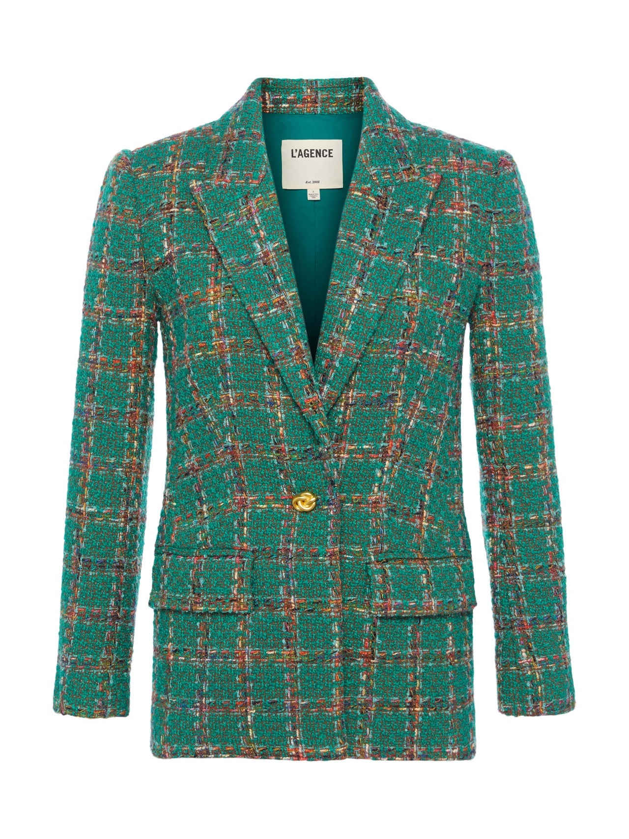 Gweny Tweed Blazer in Green Windowpane Tweed | L'AGENCE online