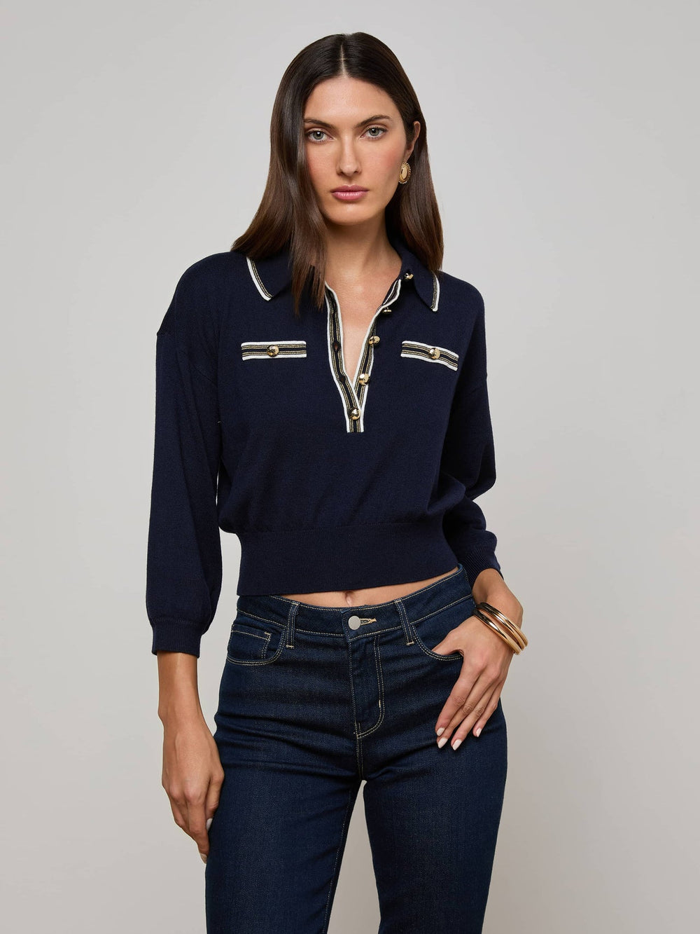 Malaki Cropped Sweater in Midnight/Ivory/Gold | L'AGENCE for sale