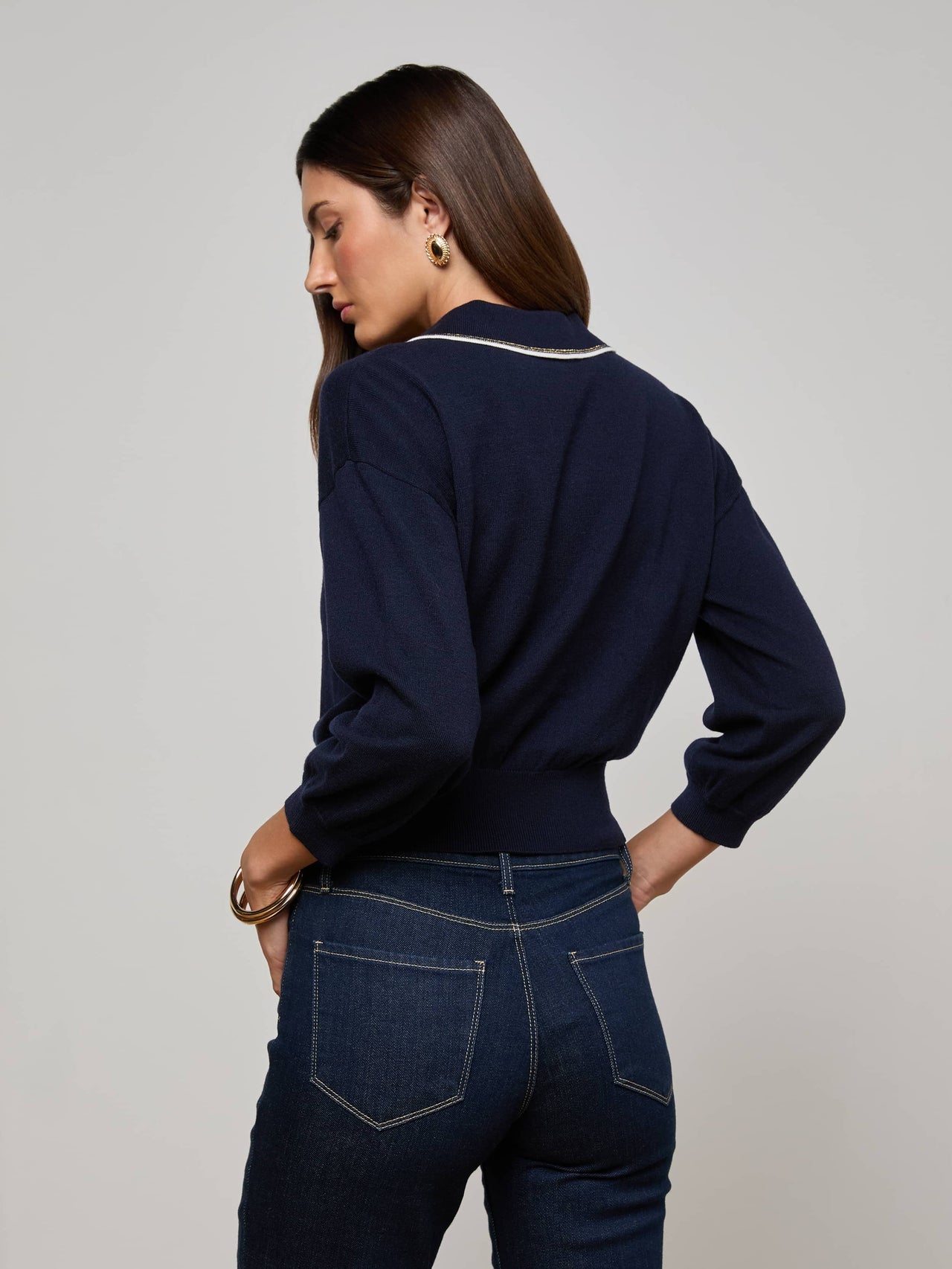 Malaki Cropped Sweater in Midnight/Ivory/Gold | L'AGENCE for sale