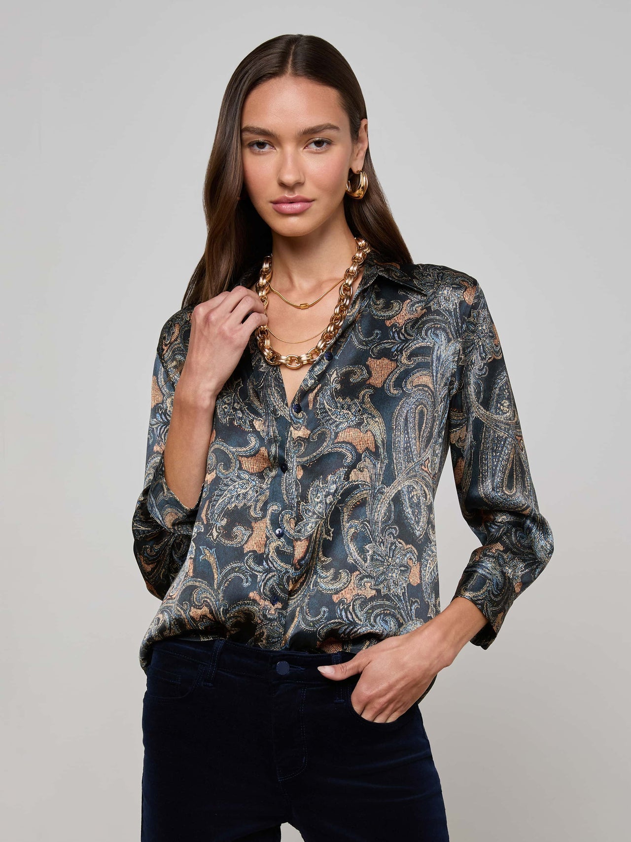 Dani Silk Blouse in Midnight Multi Etched Paisley | L'AGENCE US