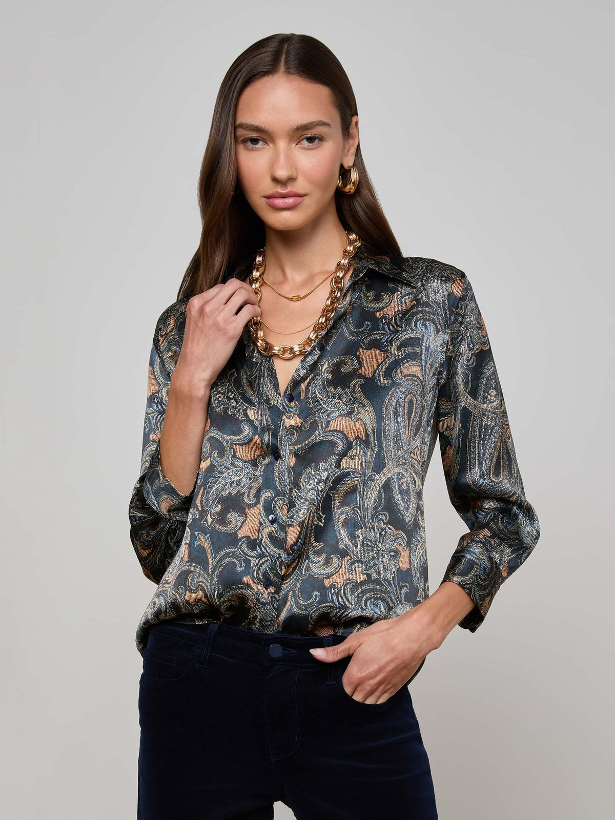 Dani Silk Blouse in Midnight Multi Etched Paisley | L'AGENCE US
