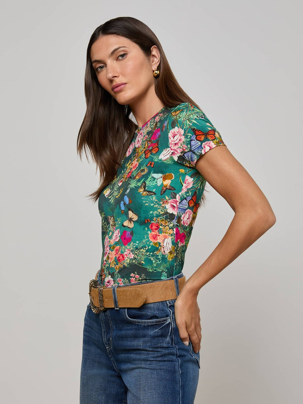 Ressi Fitted Tee in Bottle Green Multi Charonda Butterfly | L'AGENCE for sale