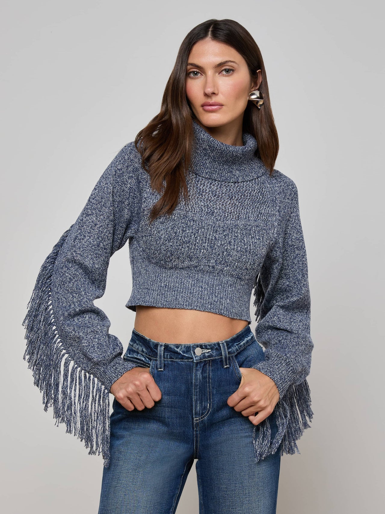 Maddison Fringed Turtleneck in Denim Blue | L'AGENCE discount