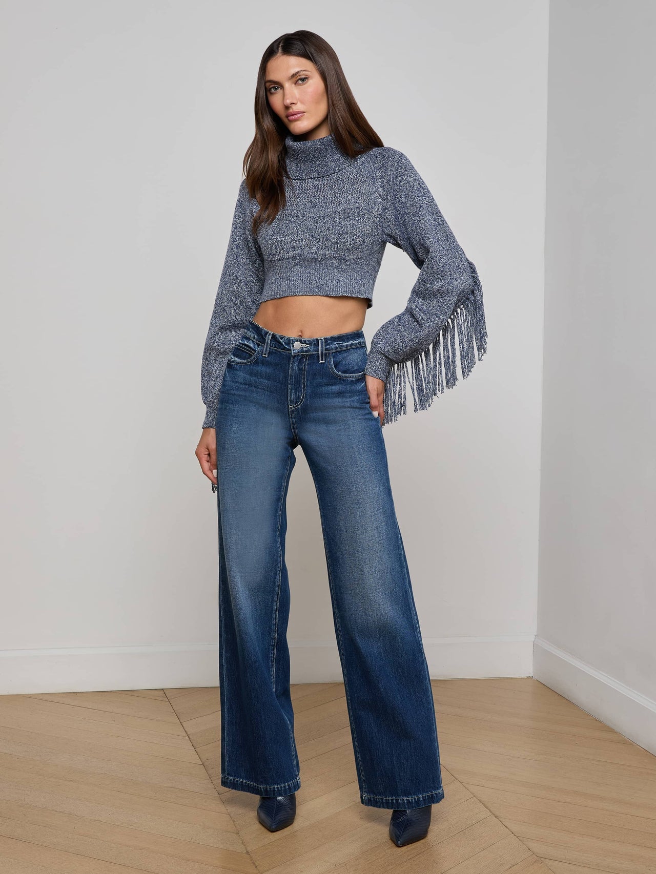 Maddison Fringed Turtleneck in Denim Blue | L'AGENCE discount