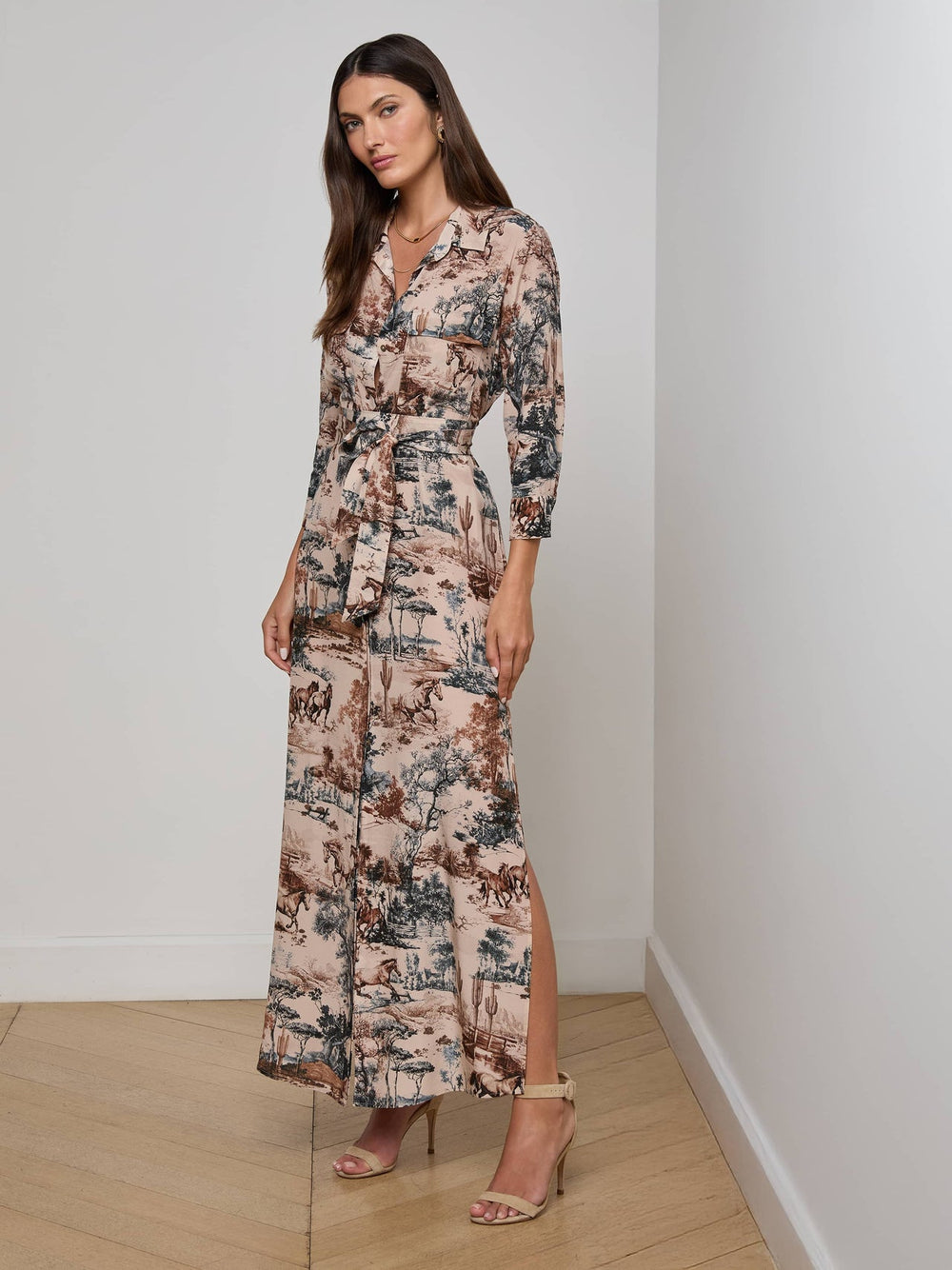 Cameron Silk Shirt Dress in Tan Multi Western Toile | L'AGENCE sale