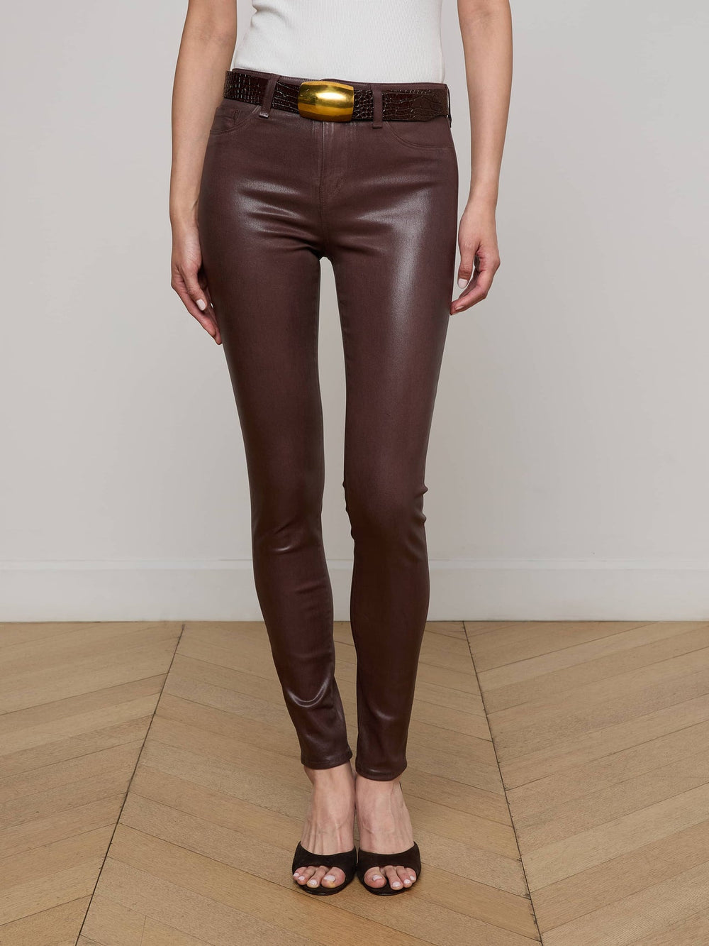 Marguerite Coated Skinny Jean in Chocolate Coated | L'AGENCE discount