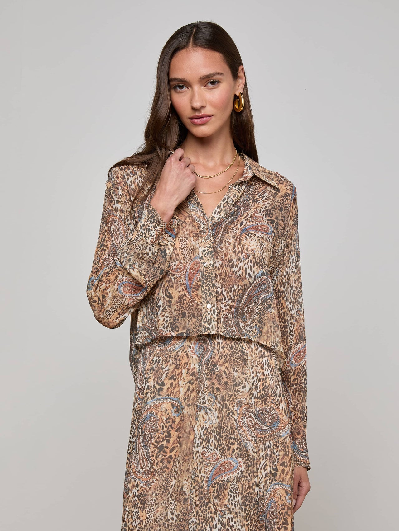 Cosette Button-Down Shirt in Brown/Blue Valencia Leopard | L'AGENCE near me
