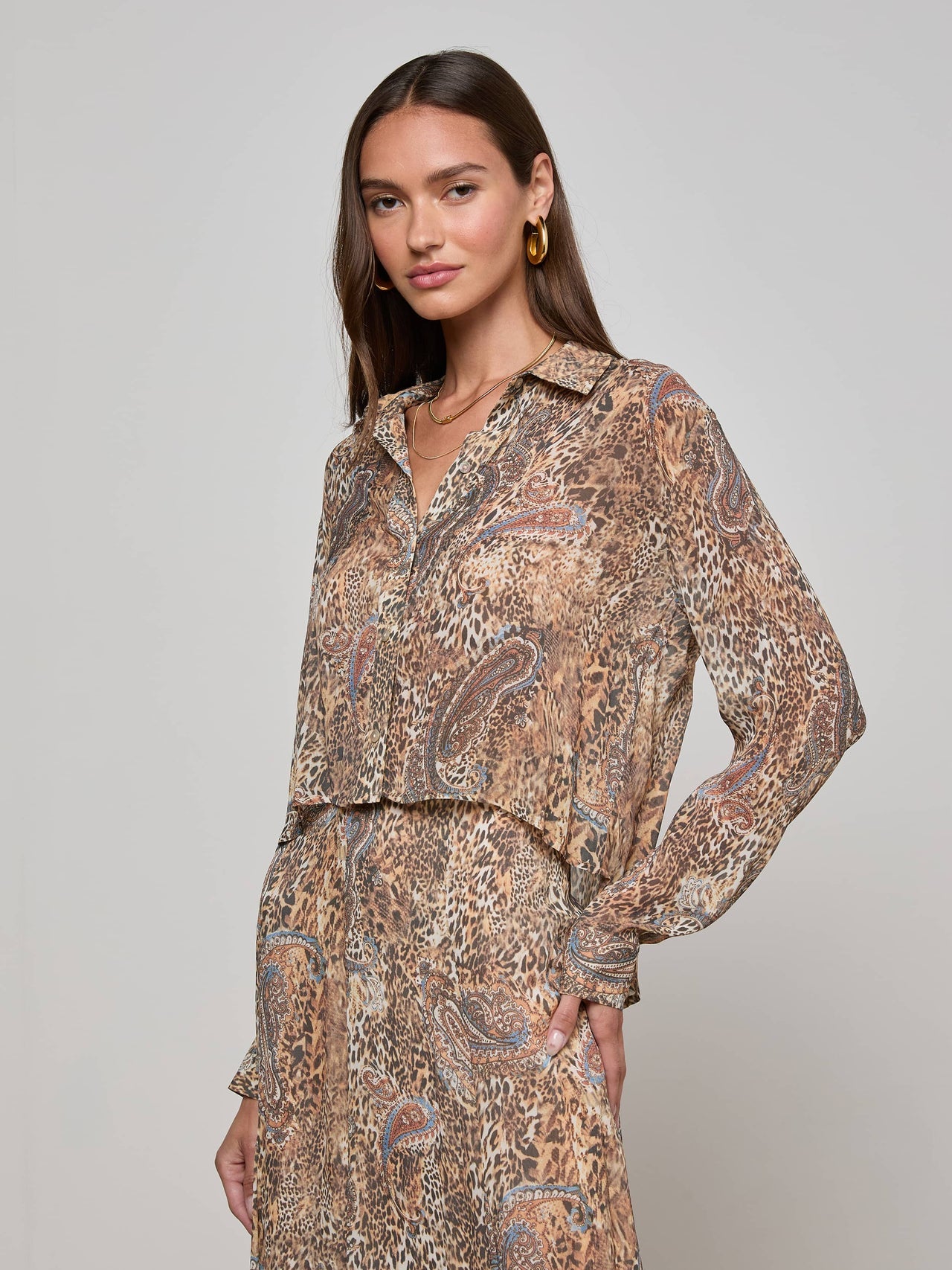Cosette Button-Down Shirt in Brown/Blue Valencia Leopard | L'AGENCE near me
