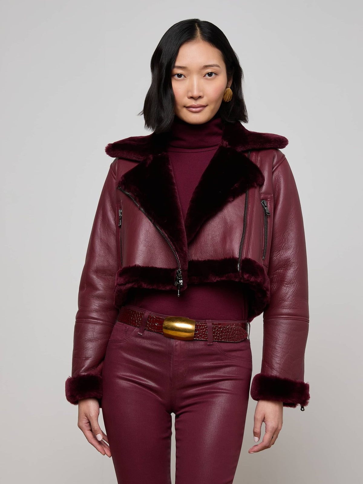 Pike Shearling Leather Jacket in Wine | L'AGENCE Women