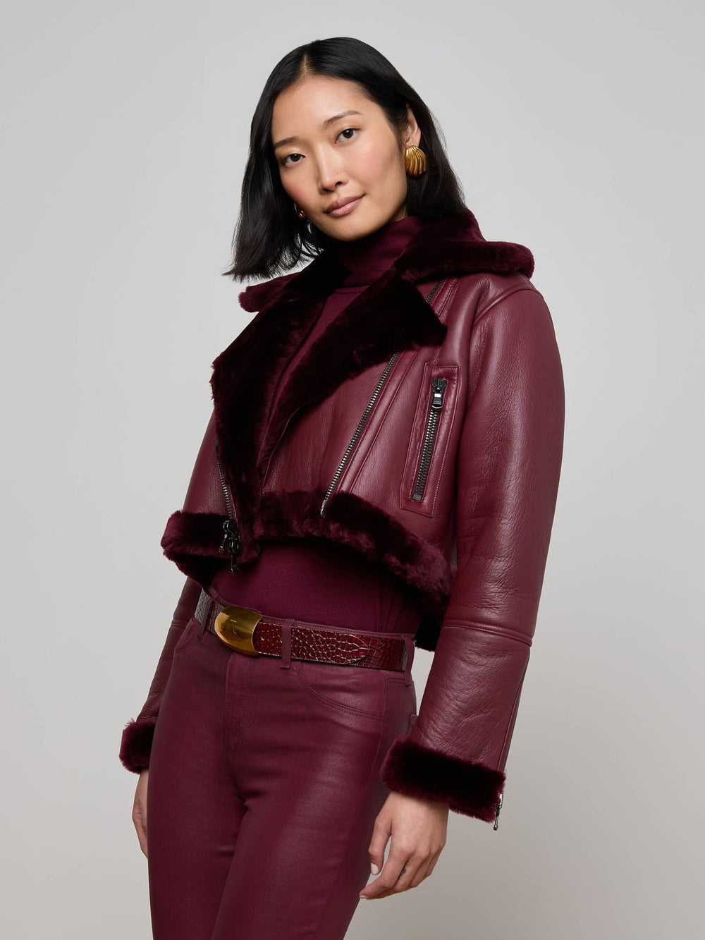 Pike Shearling Leather Jacket in Wine | L'AGENCE Women
