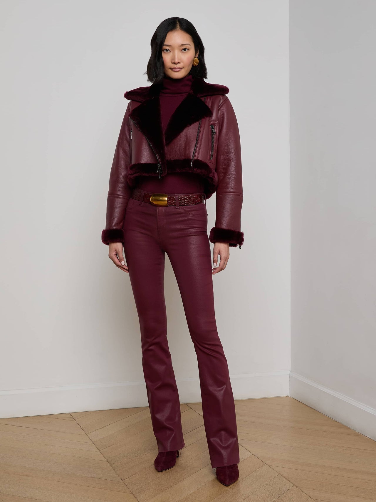 Pike Shearling Leather Jacket in Wine | L'AGENCE Women