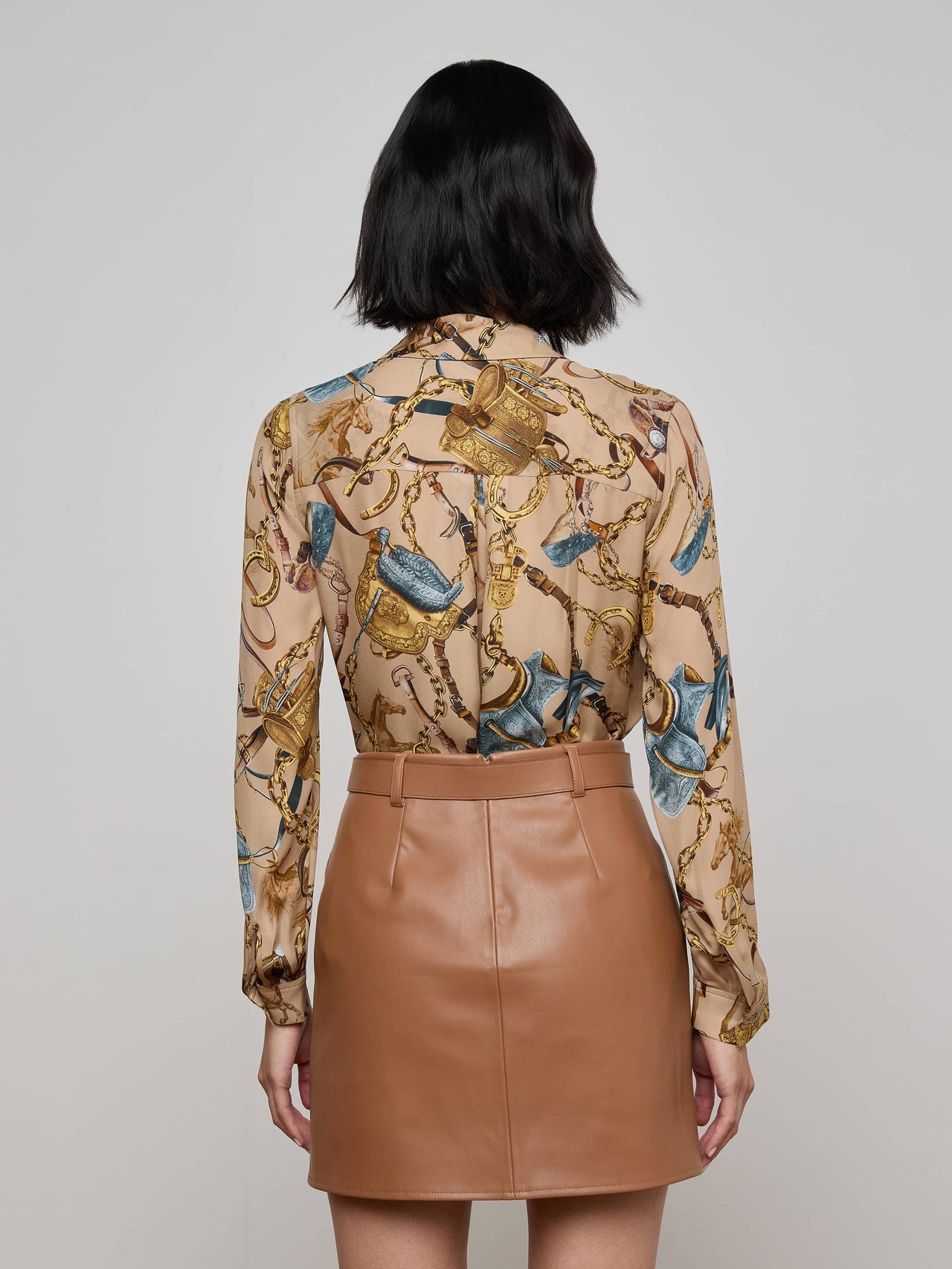 Nina Silk Blouse in Dark Cappuccino Multi Equestrian Saddle | L'AGENCE for sale