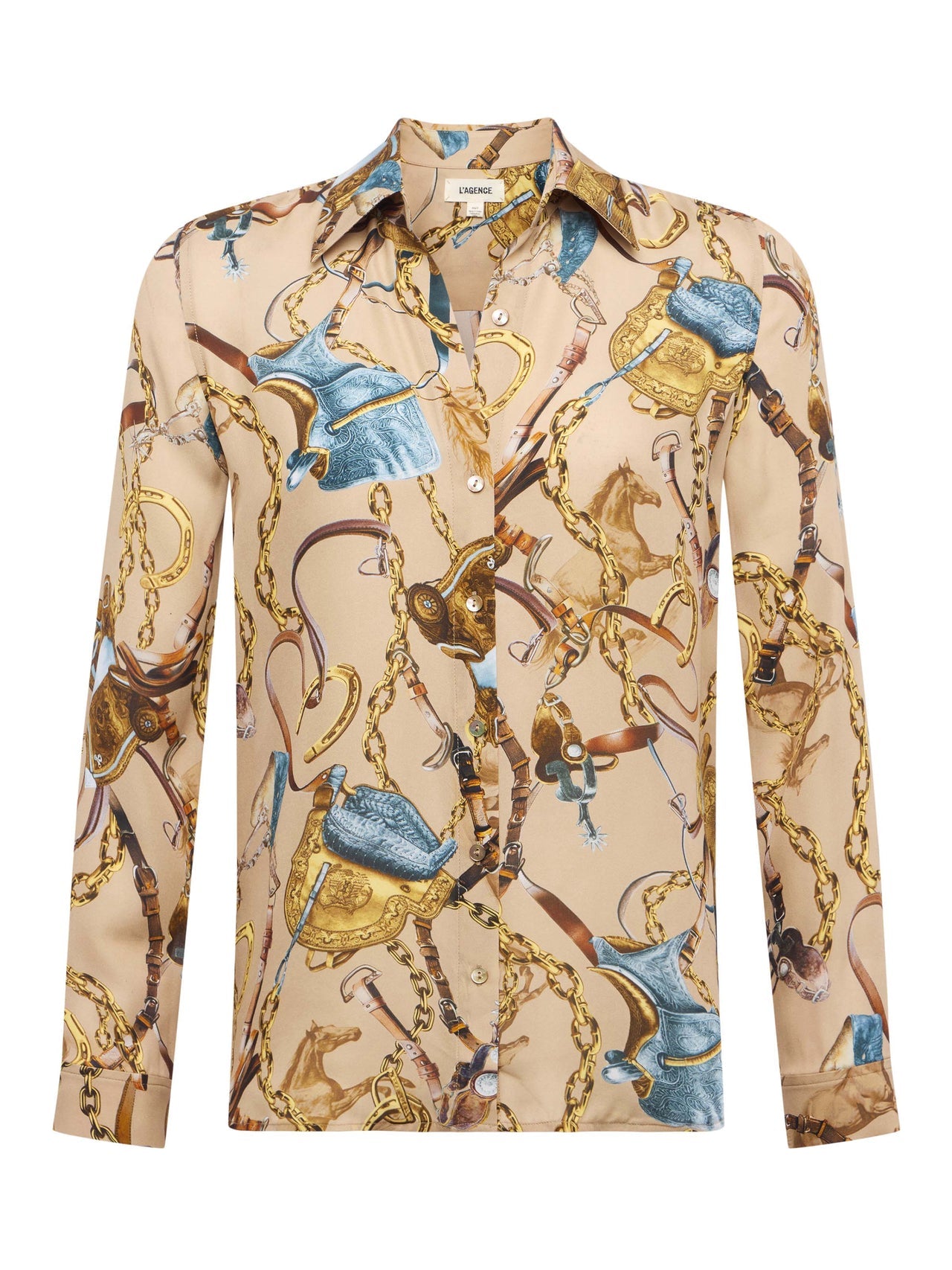 Nina Silk Blouse in Dark Cappuccino Multi Equestrian Saddle | L'AGENCE for sale