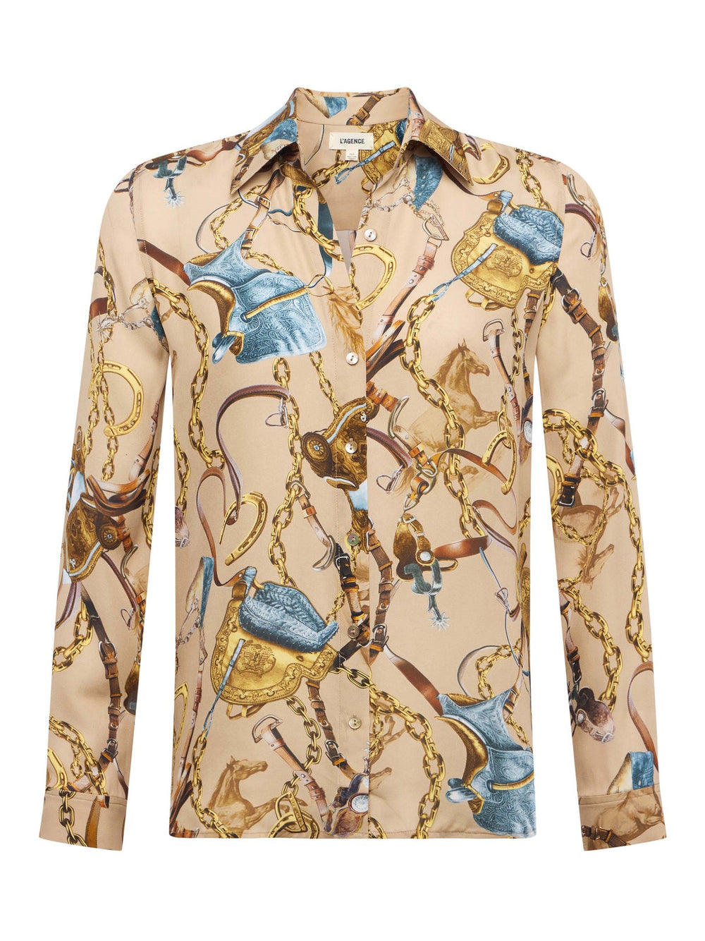 Nina Silk Blouse in Dark Cappuccino Multi Equestrian Saddle | L'AGENCE for sale