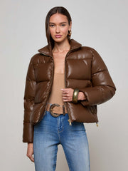 Larsen Vegan Leather Puffer Jacket in Carafe Brown/Valencia Leopard | L'AGENCE discount