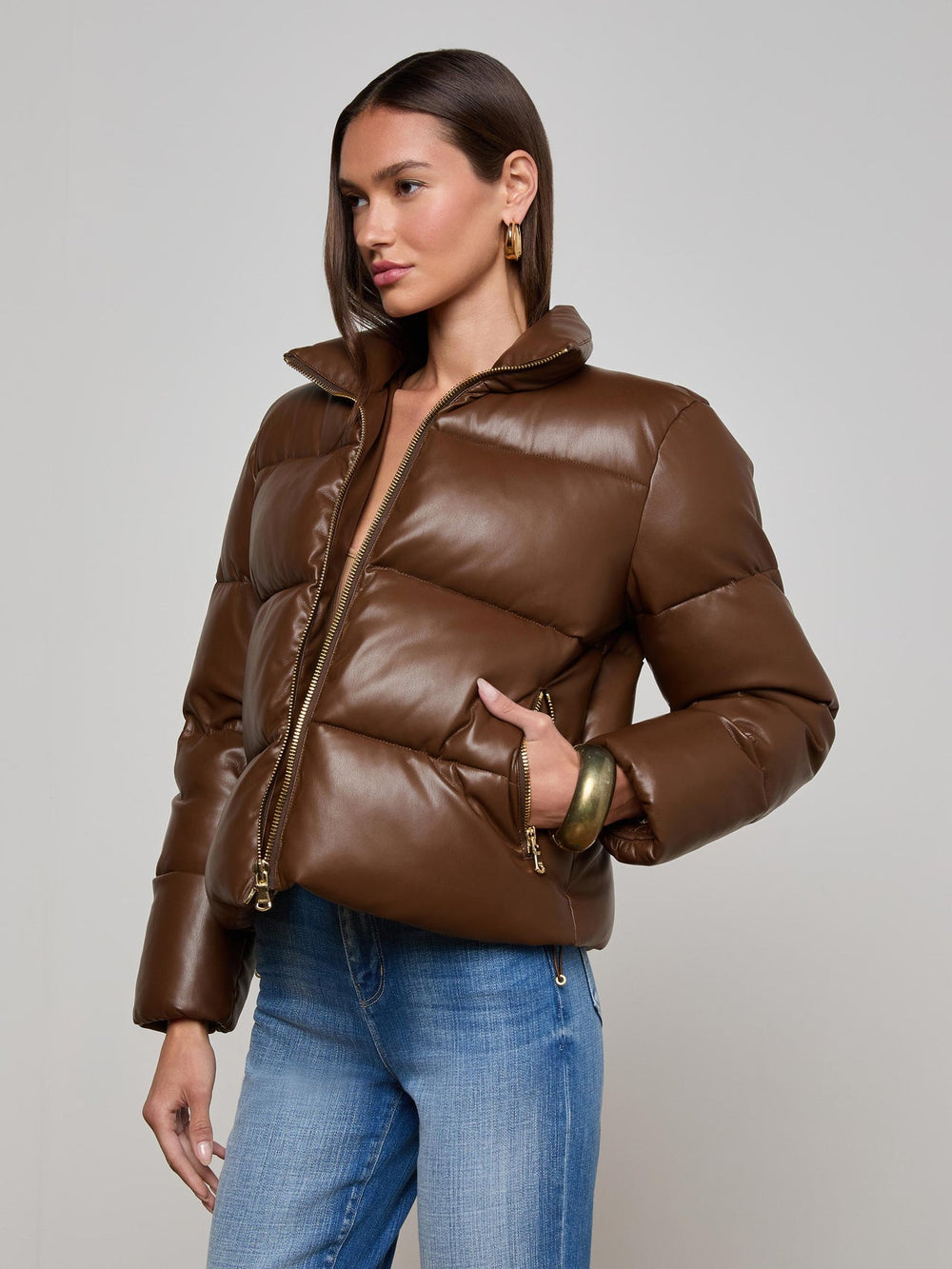 Larsen Vegan Leather Puffer Jacket in Carafe Brown/Valencia Leopard | L'AGENCE discount