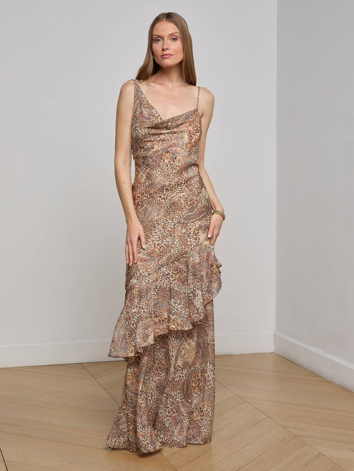 Viola Silk Gown in Brown/Blue Valencia Leopard | L'AGENCE near me