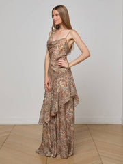 Viola Silk Gown in Brown/Blue Valencia Leopard | L'AGENCE near me
