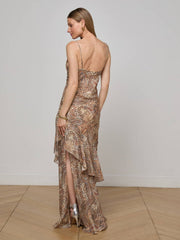 Viola Silk Gown in Brown/Blue Valencia Leopard | L'AGENCE near me
