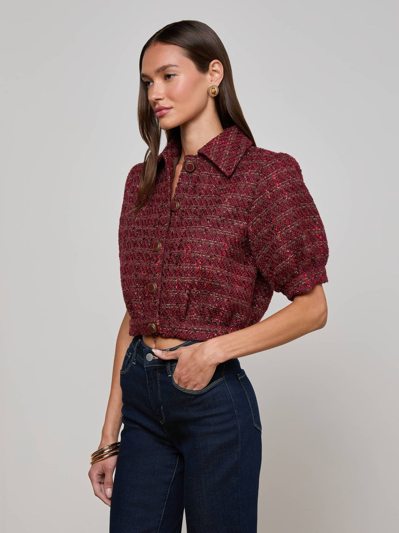 Cove Cropped Tweed Jacket in Brown/Black Cherry Multi Tweed | L'AGENCE online