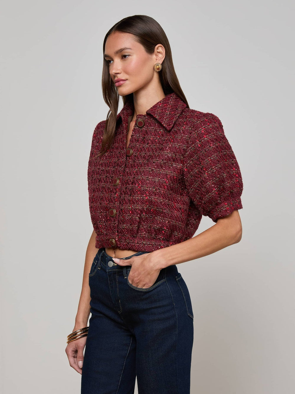 Cove Cropped Tweed Jacket in Brown/Black Cherry Multi Tweed | L'AGENCE online