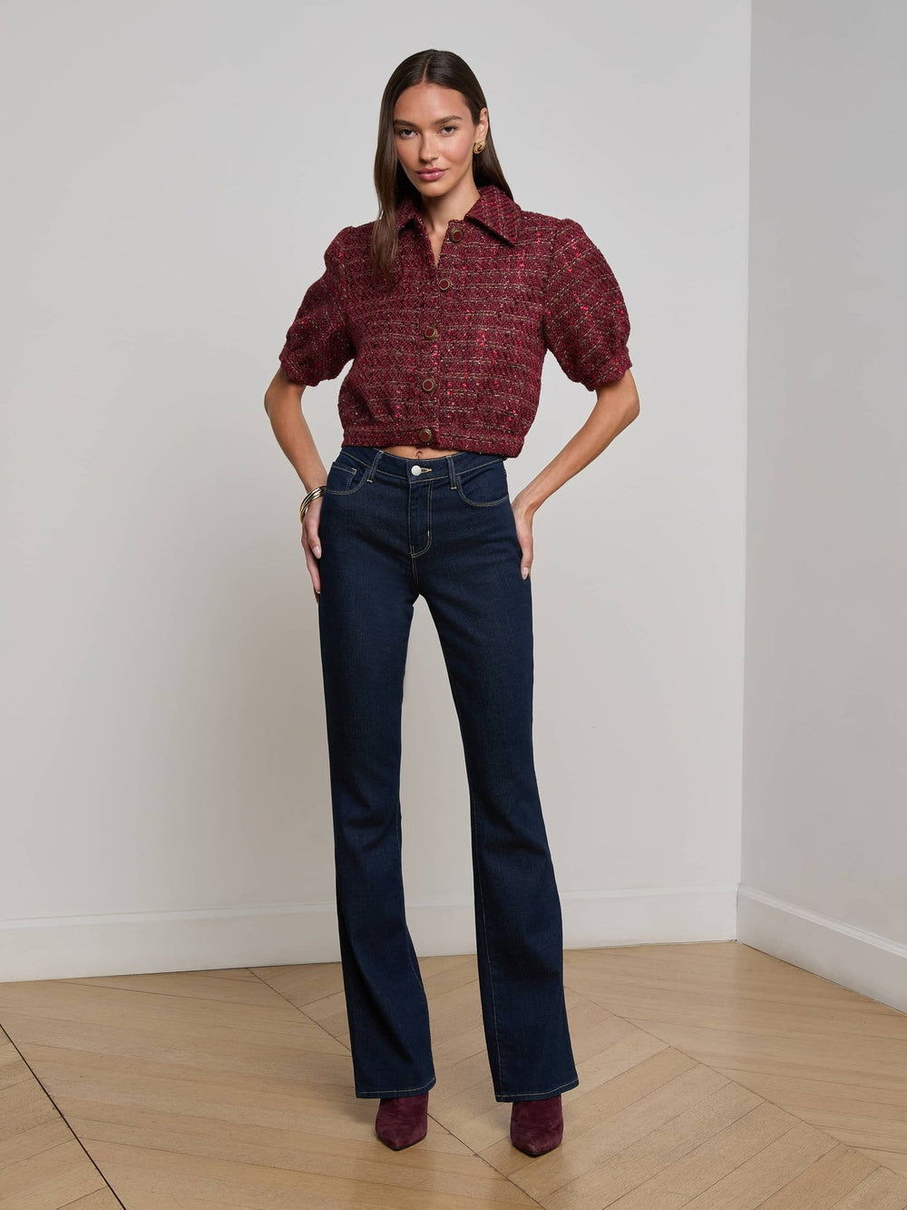 Cove Cropped Tweed Jacket in Brown/Black Cherry Multi Tweed | L'AGENCE online